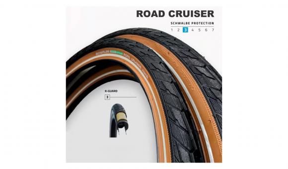 SCHWALBE Road Cruiser outer tire, wire bead, 42-622, black/coffee with reflex, HS484, Green compound, 50 EPI SCHWALBE Road Cruiser outer tire, wire bead, 42-622, black/coffee with reflex, HS484, Green compound, 50 EPI
